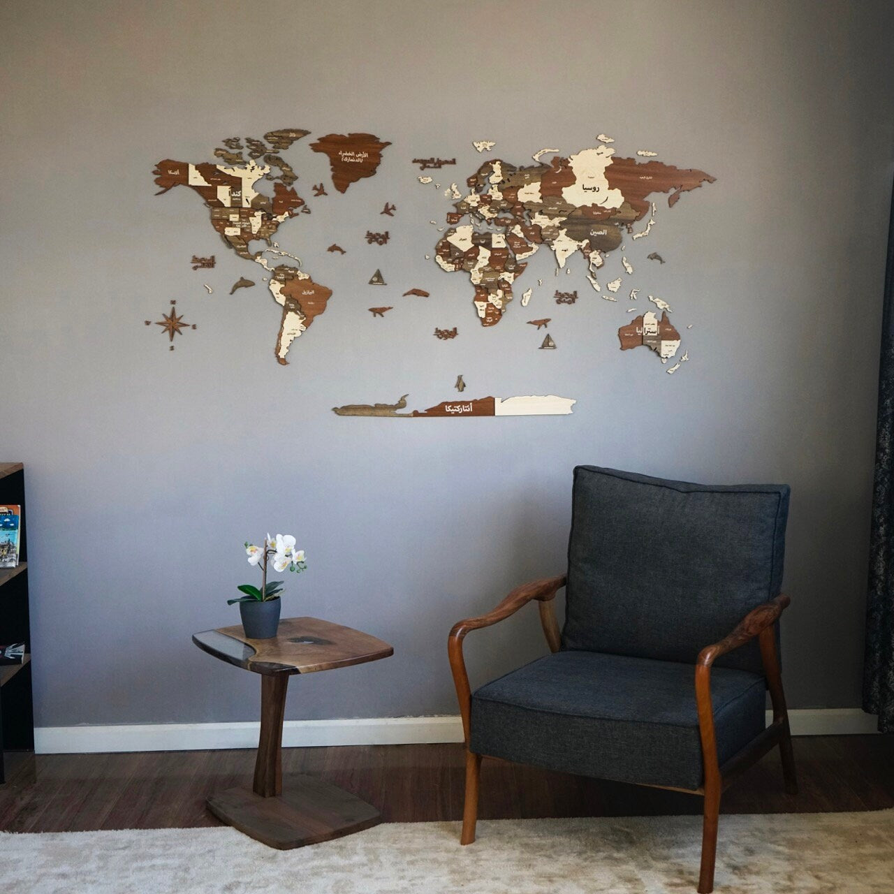 Wooden Map of the World in Arabic Wall Art 3D Travel World Map Living Room Decor Housewarming Gift