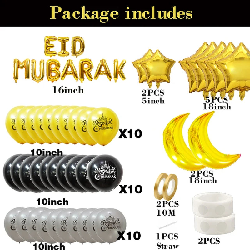 Eid Mubarak Decoration Black Gold Silver Balloons Moon Star Foil Balloon Balloons for Home Outdoor Ramadan Mubarak Eid Ul Fitr