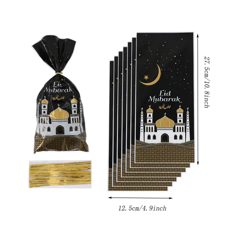 25/50Pcs Eid Mubarak Gift Bags Plastic Candy Cookie Bag Ramadan Decoration 2024 Islamic Muslim Party Supplies Eid Al-Fitr 2024