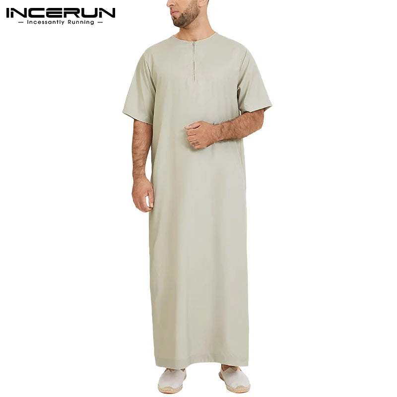 2024 Men'S Muslim Jubba Thobe Solid Color Vintage Stand Collar Long Sleeve Robes Abaya Casual Male Islamic Arabic Kaftan