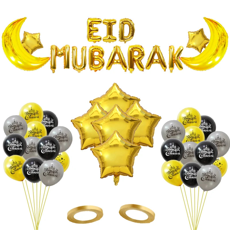 Eid Mubarak Decoration Black Gold Silver Balloons Moon Star Foil Balloon Balloons for Home Outdoor Ramadan Mubarak Eid Ul Fitr