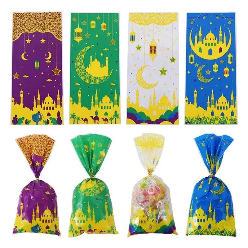 25/50Pcs Eid Mubarak Gift Bags Plastic Candy Cookie Bag Ramadan Decoration 2024 Islamic Muslim Party Supplies Eid Al-Fitr 2024