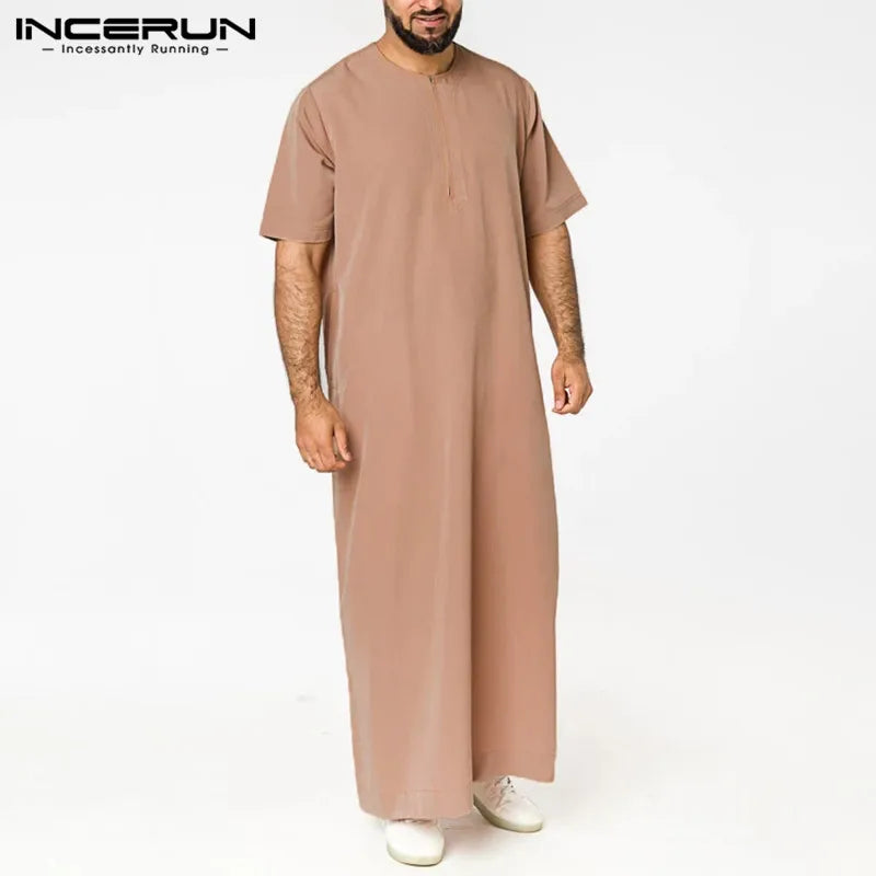 2024 Men'S Muslim Jubba Thobe Solid Color Vintage Stand Collar Long Sleeve Robes Abaya Casual Male Islamic Arabic Kaftan