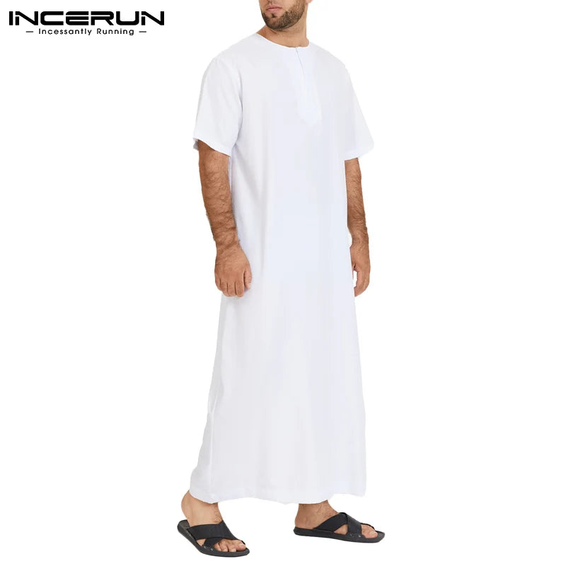 2024 Men'S Muslim Jubba Thobe Solid Color Vintage Stand Collar Long Sleeve Robes Abaya Casual Male Islamic Arabic Kaftan