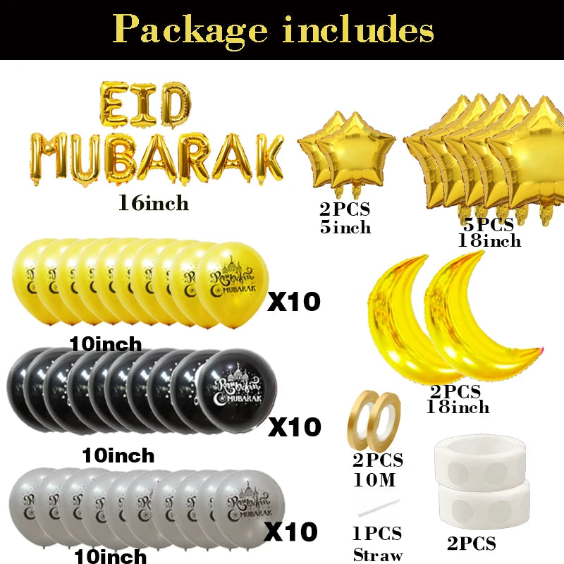 Eid Mubarak Decoration Black Gold Silver Balloons Moon Star Foil Balloon Balloons for Home Outdoor Ramadan Mubarak Eid Ul Fitr