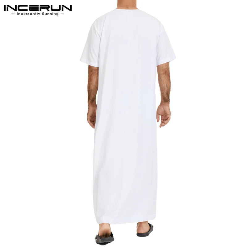 2024 Men'S Muslim Jubba Thobe Solid Color Vintage Stand Collar Long Sleeve Robes Abaya Casual Male Islamic Arabic Kaftan