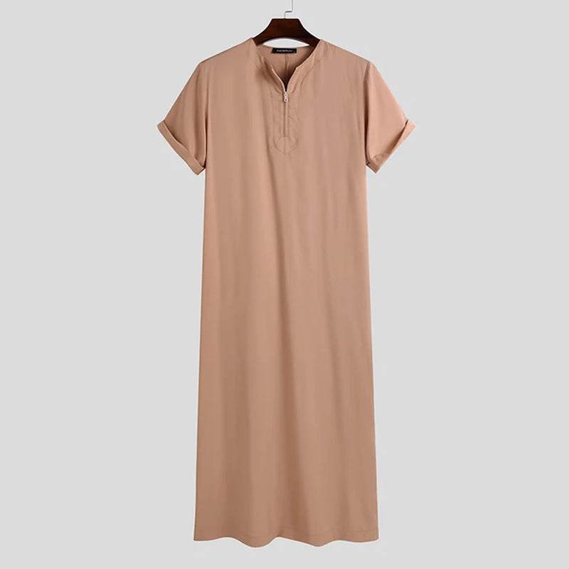 2024 Men'S Muslim Jubba Thobe Solid Color Vintage Stand Collar Long Sleeve Robes Abaya Casual Male Islamic Arabic Kaftan