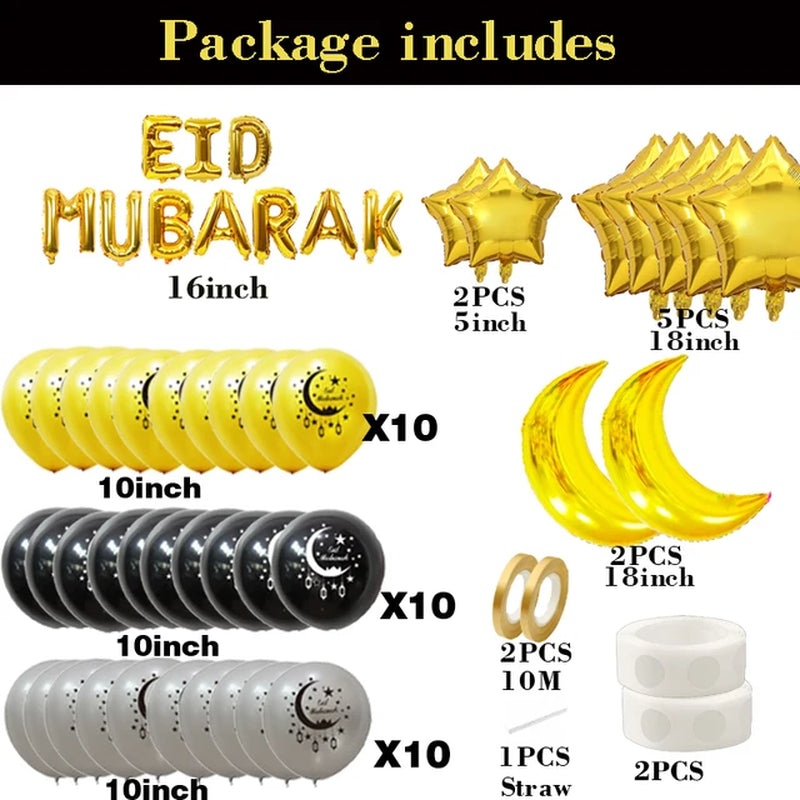 Eid Mubarak Decoration Black Gold Silver Balloons Moon Star Foil Balloon Balloons for Home Outdoor Ramadan Mubarak Eid Ul Fitr