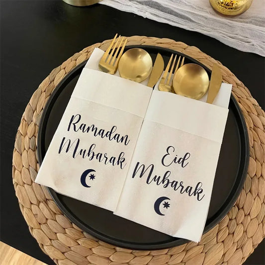 5Pcs Eid Ramadan Mubarak Paper Napkins Cutlery Holders Muslim Islamic Kareem Family Friend Iftar Decoration Table Place Setting