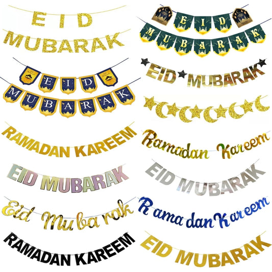 EID Mubarak Banner Ramadan Kareem Banner Party Decorations Supplies Star Moon Hanging Ornament Umrah Mubarak Decoration for Home