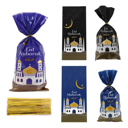 25/50Pcs Eid Mubarak Gift Bags Plastic Candy Cookie Bag Ramadan Decoration 2024 Islamic Muslim Party Supplies Eid Al-Fitr 2024