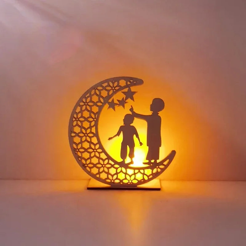 EID Mubarak Wooden Ornament Moon LED Candle Light Ramadan Decoration for Home Islamic Muslim Party Decoration Kareem Eid Al Adha