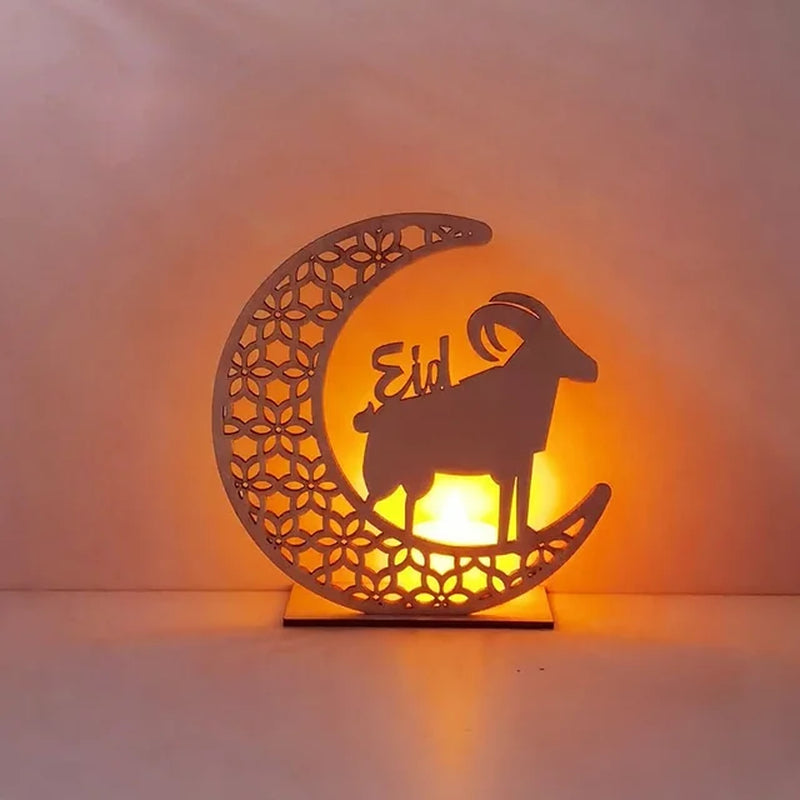 EID Mubarak Wooden Ornament Moon LED Candle Light Ramadan Decoration for Home Islamic Muslim Party Decoration Kareem Eid Al Adha