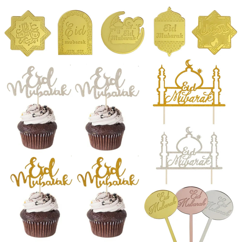 Eid Mubarak Acrylic Cake Toppers Golden Castle Moon Cupcake Topper for Ramadan Islamic Muslim Festival Party Cake DIY Decoration