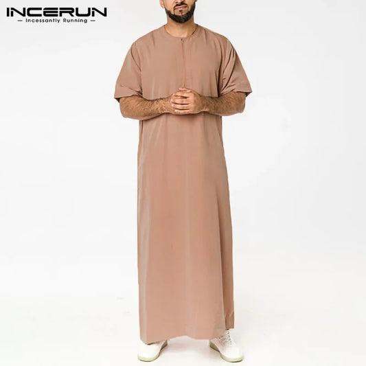 2024 Men'S Muslim Jubba Thobe Solid Color Vintage Stand Collar Long Sleeve Robes Abaya Casual Male Islamic Arabic Kaftan