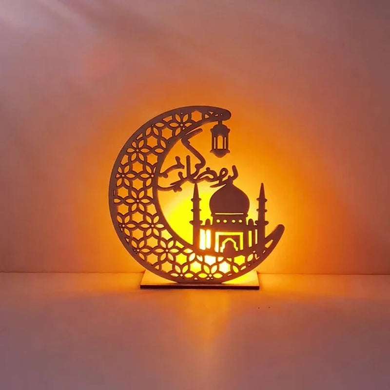 EID Mubarak Wooden Ornament Moon LED Candle Light Ramadan Decoration for Home Islamic Muslim Party Decoration Kareem Eid Al Adha