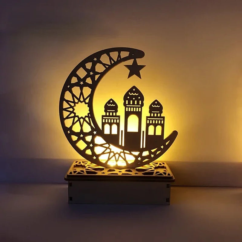 EID Mubarak Wooden Ornament Moon LED Candle Light Ramadan Decoration for Home Islamic Muslim Party Decoration Kareem Eid Al Adha