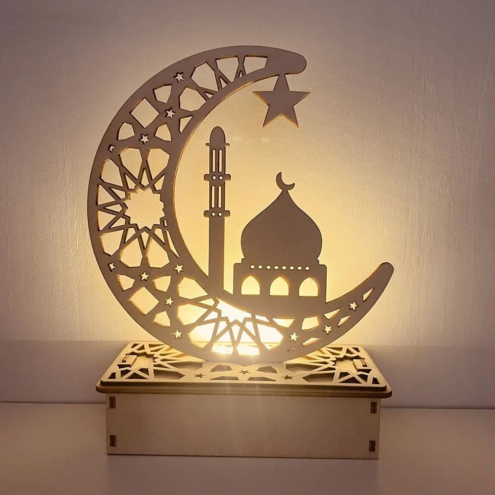 EID Mubarak Wooden Ornament Moon LED Candle Light Ramadan Decoration for Home Islamic Muslim Party Decoration Kareem Eid Al Adha